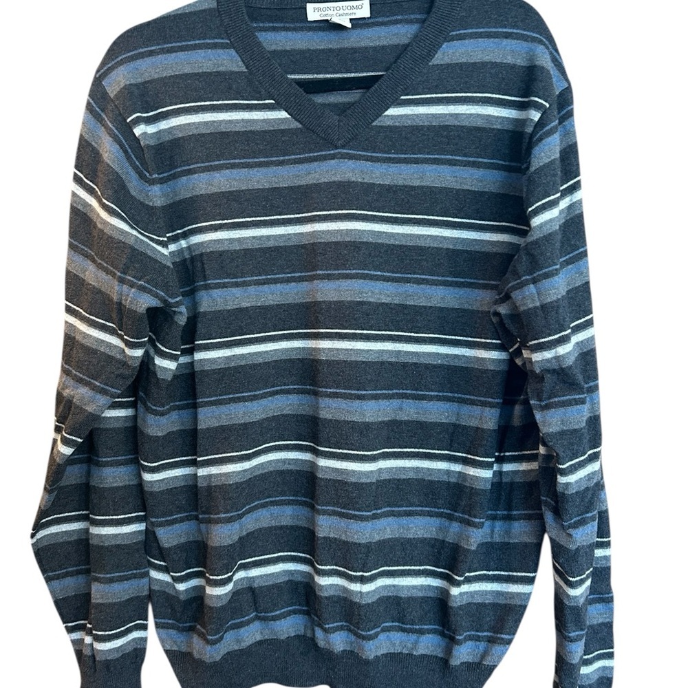 Pronto Uomo Black Blue Striped Crewneck Cotton Cashmere Large